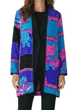 Vintage Judith Ann Creations Silk Beaded Floral Jacket Kimono Cardigan Small